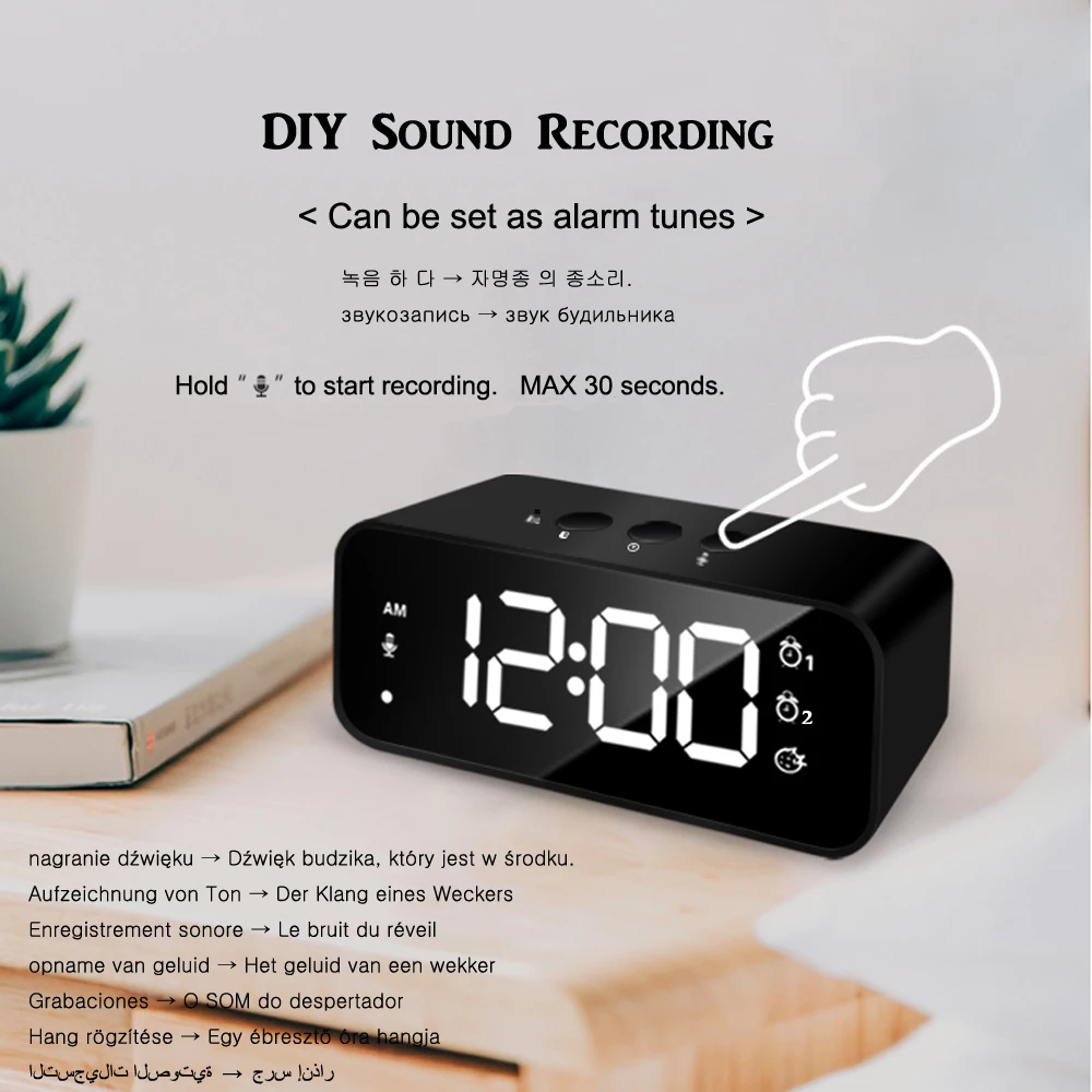 Rechargeable DIY Sound Recording LED Mirror Music Clock with Dual Alarms and Snooze Bedroom Decor Desk Table Phone Charger Clock