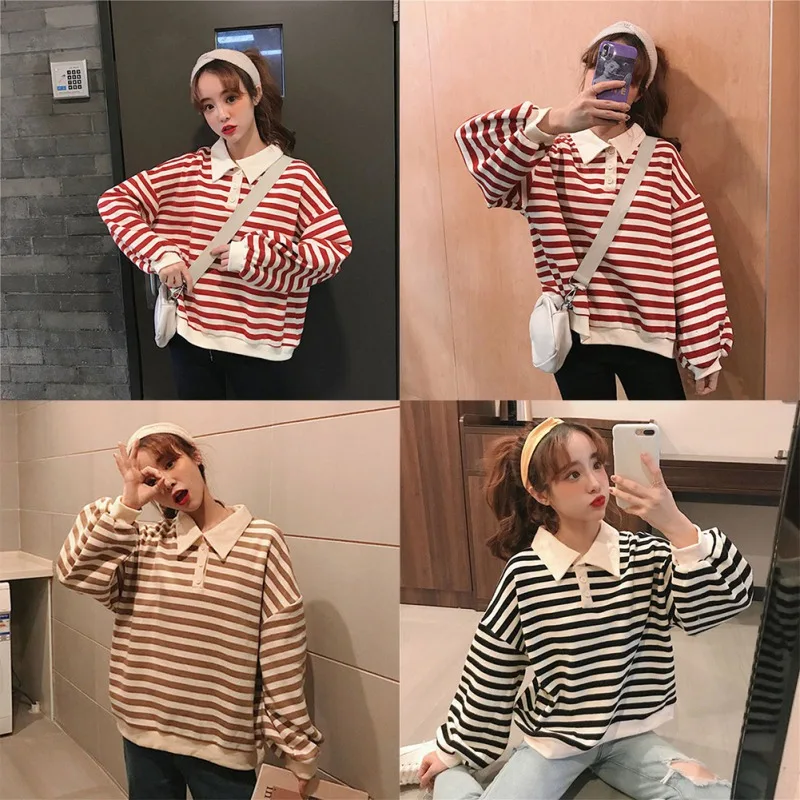 Женская тонкая свободная футболка-поло в полоску Корейском стиле на осень |