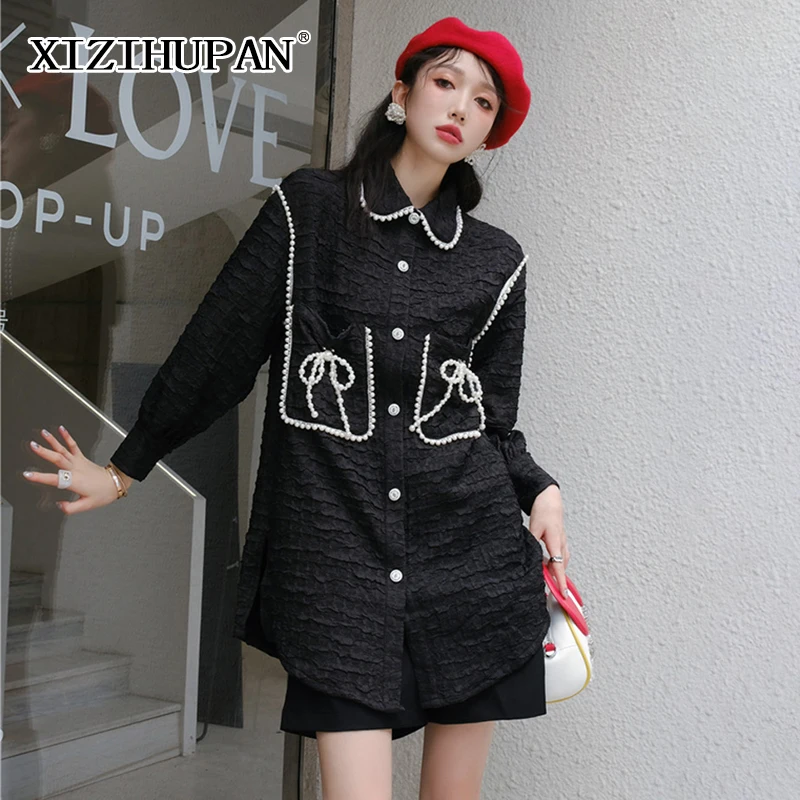 

XIZIHUPAN Sweet Blouses For Women Lapel Loose Long Sleeve Patchwork Pearls Bow Single Braested Open Stitch Female 2021 Clothing