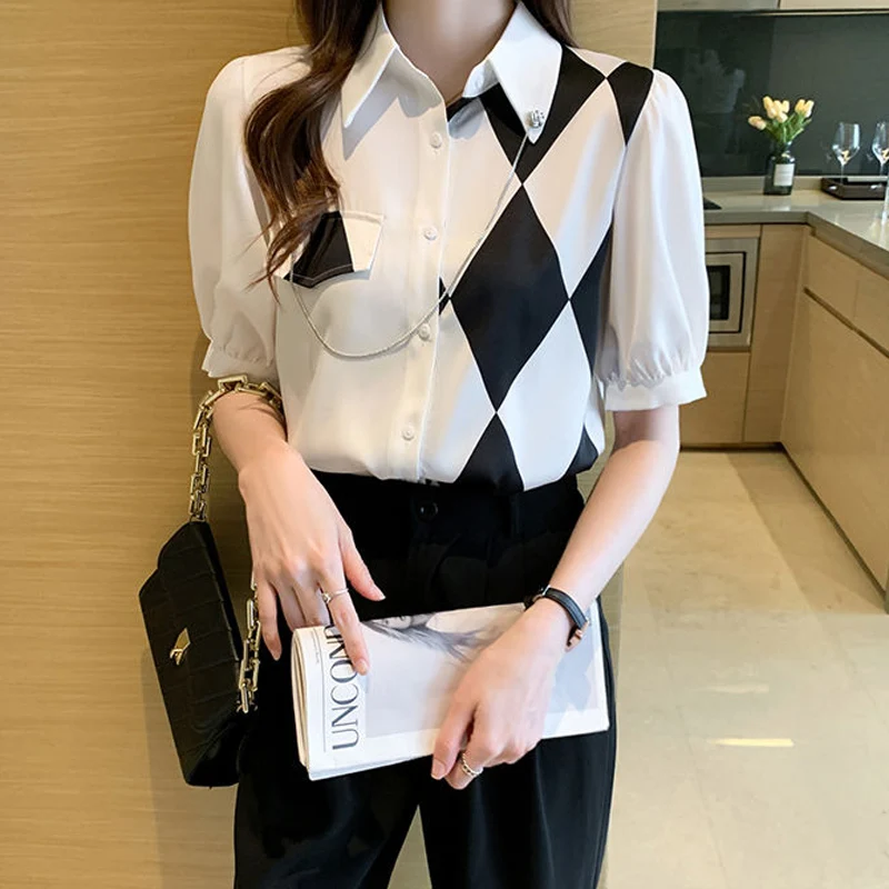 

2021 New Summer Women Blouses Casual Loose Short Sleeve Patchwork Plaid Chiffon Shirts Fashion Elegant Office Lady Tops Clothing