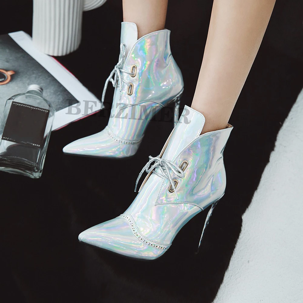 BERZIMER Fashion Ankle Boots For Women Pointed Toe Thin Heels Lace Up Shiny Casual Zapatos De Mujer Shoes Woman Size 34-39 | Обувь