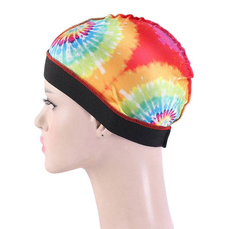 

New Unisex Tie-dyed Men's Silky Dome Cap Wide Band Stretchy Wig Cap Helmet Liner Biker Beanie Hat Turban Hair Accessories