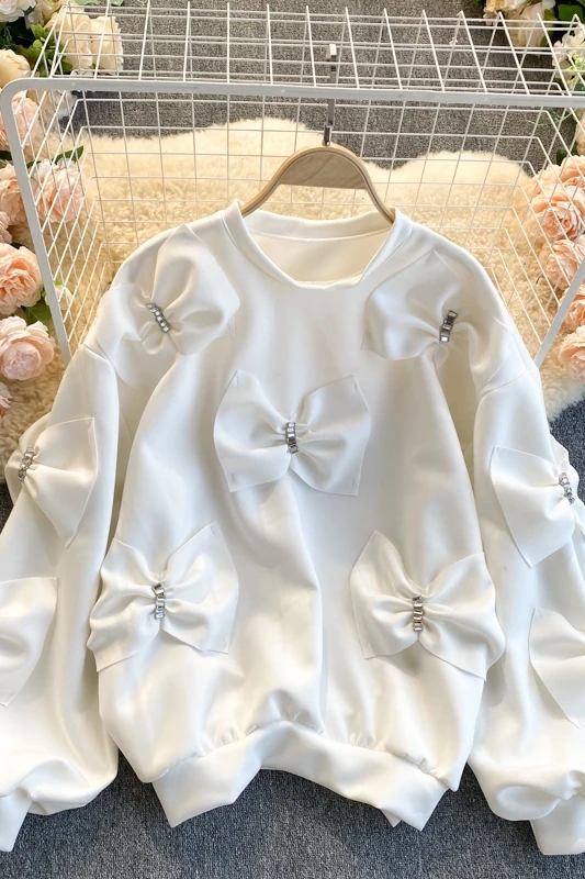 

Women's spring new design sense diamond bowknot puff sleeve loose all-match pullover sweater