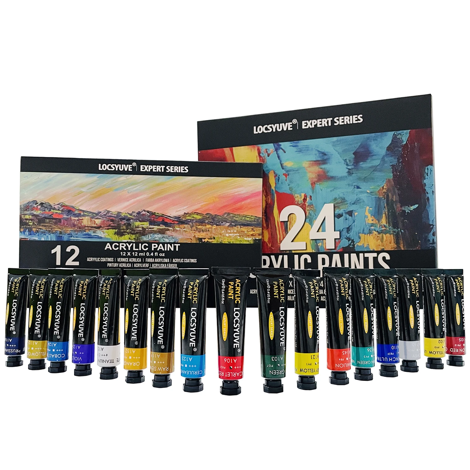 

Locsyuve Acrylic Paint Set of 12/24 Colors 0.4 Oz 12 Ml with Storage Box Rich Pigments Non Fading Non Toxic Paints for Artist