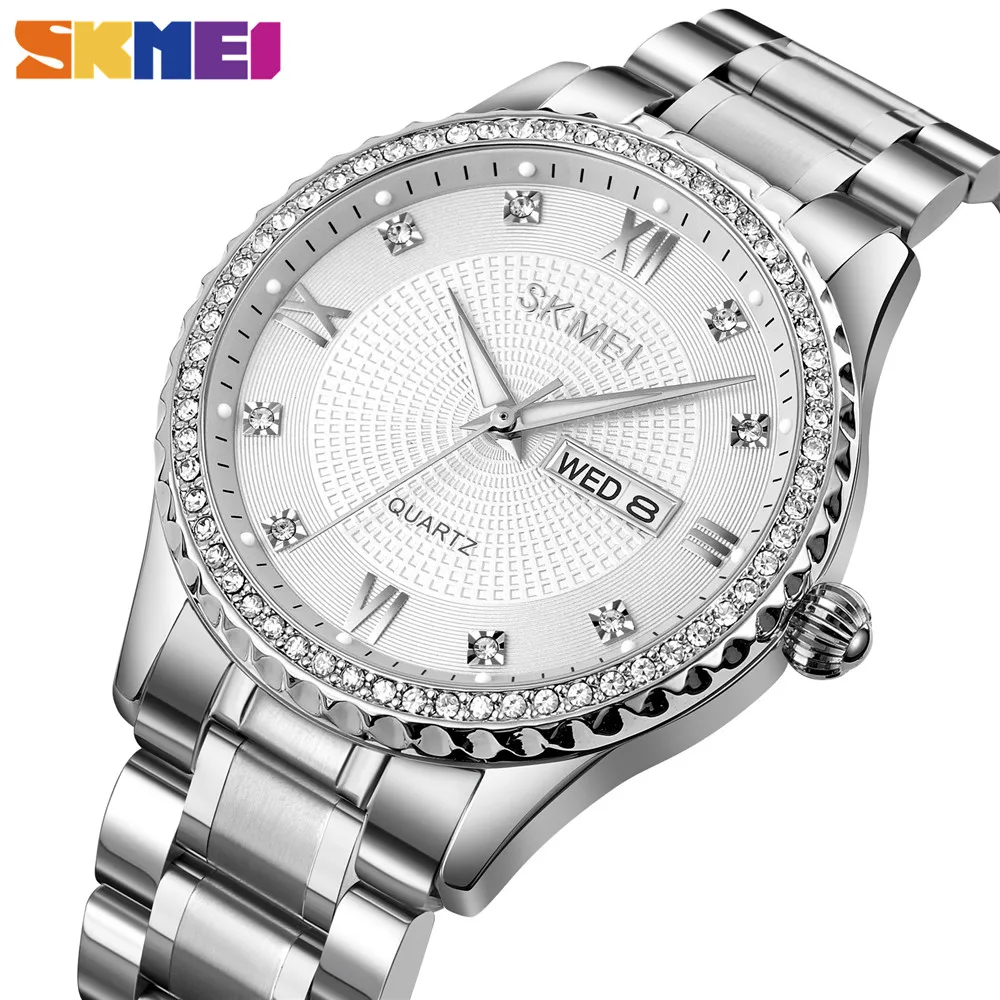 

SKMEI Luxury Stainless Steel Quartz Watches Clock Mens Casual Waterproof Week Date Wristwatch reloj hombre Gold Silver Colors