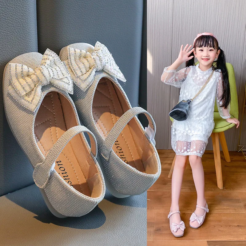 

Girls Flats Princess Sweet for Wedding Party Glitter Children Shoes Kids Dancing Leather Shoes with Rhinestone Bow-knot Bling