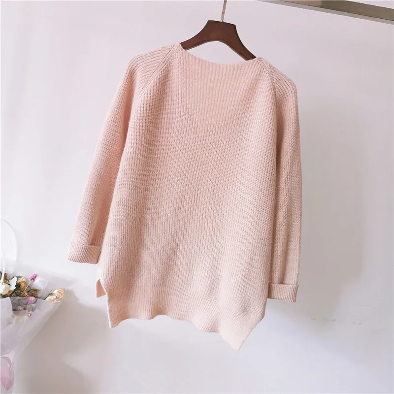2019 Winter new sweaters solid color V-neck pullover women's full sleeve casual cotton autumn | Женская одежда
