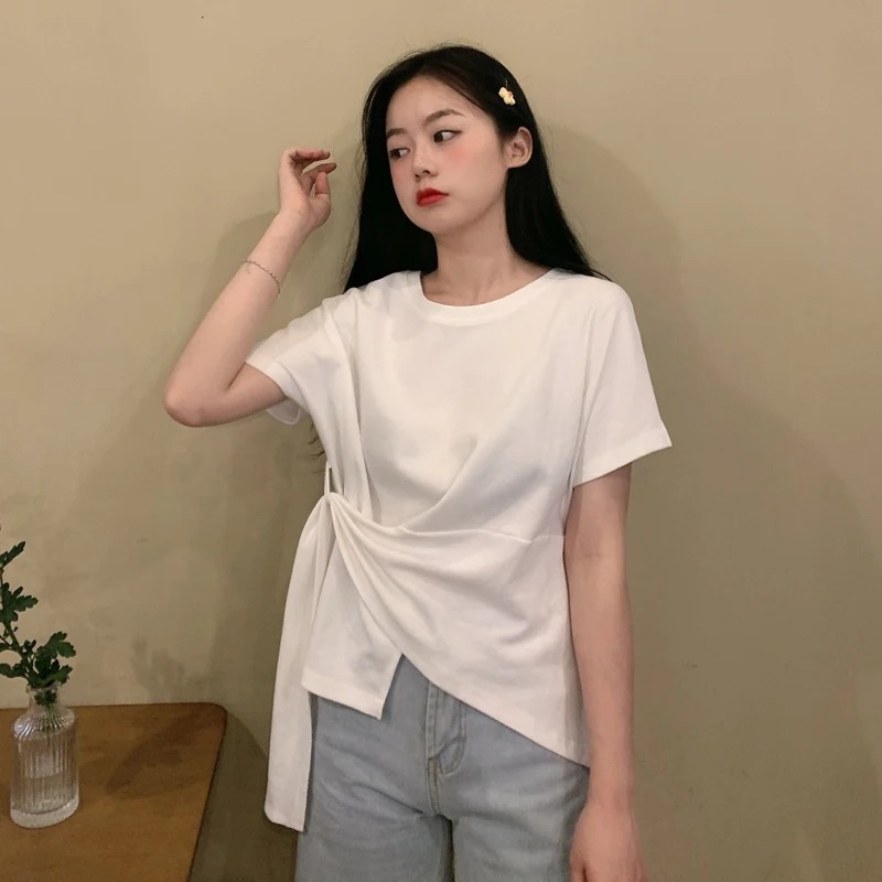 

Design Irregular Cross Lace-up Candy Color Short-Sleeved T-shirt Female Ins Popular Online Popular Super Hot Top