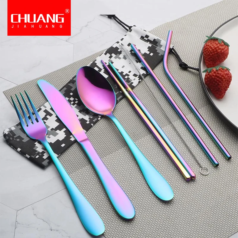 Красочный набор посуды из нержавеющей стали Винтажный Золотой столовый вилок