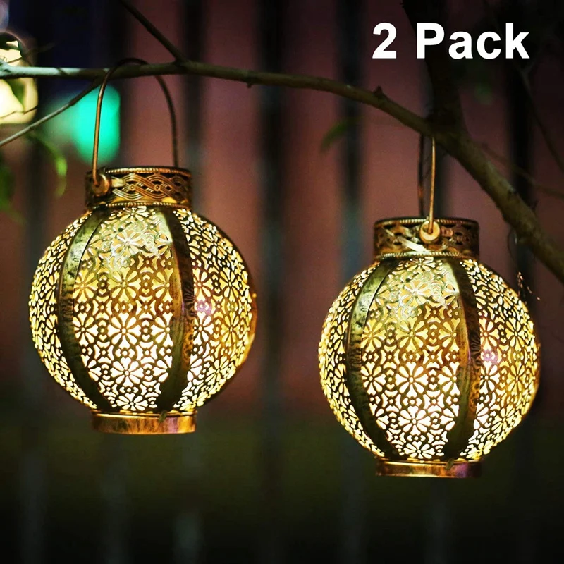 

Hanging Solar Lanterns Retro Solar Lights Outdoor with Handle, Outdoor Solar Garden Lights Metal Waterproof 2 Pack