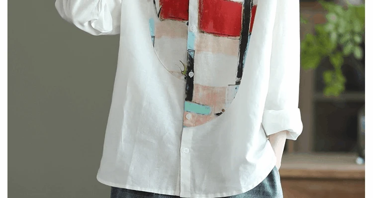 

2021 Spring Fall New Retro Digital Printing Linen Women Shirt Loose Long Sleeve White Buttoned Ladies Top Fashion Retro Blouses