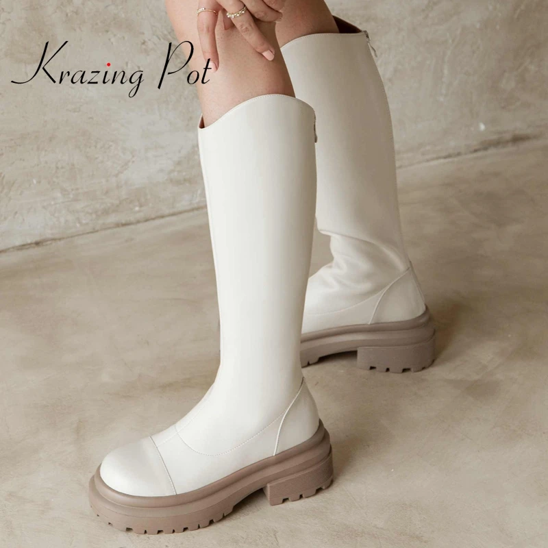 

krazing pot 2022 winter hot sale cow split leather round toe high heels equestrian boots simple design cozy thigh high boots L28