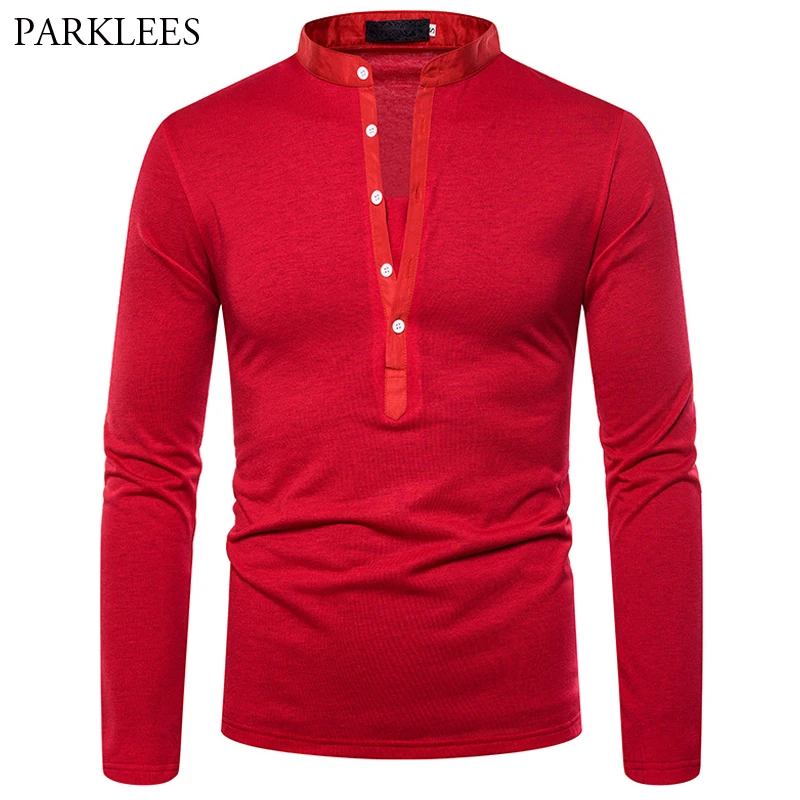 Мужская хлопковая рубашка с воротником стойкой однотонная Повседневная