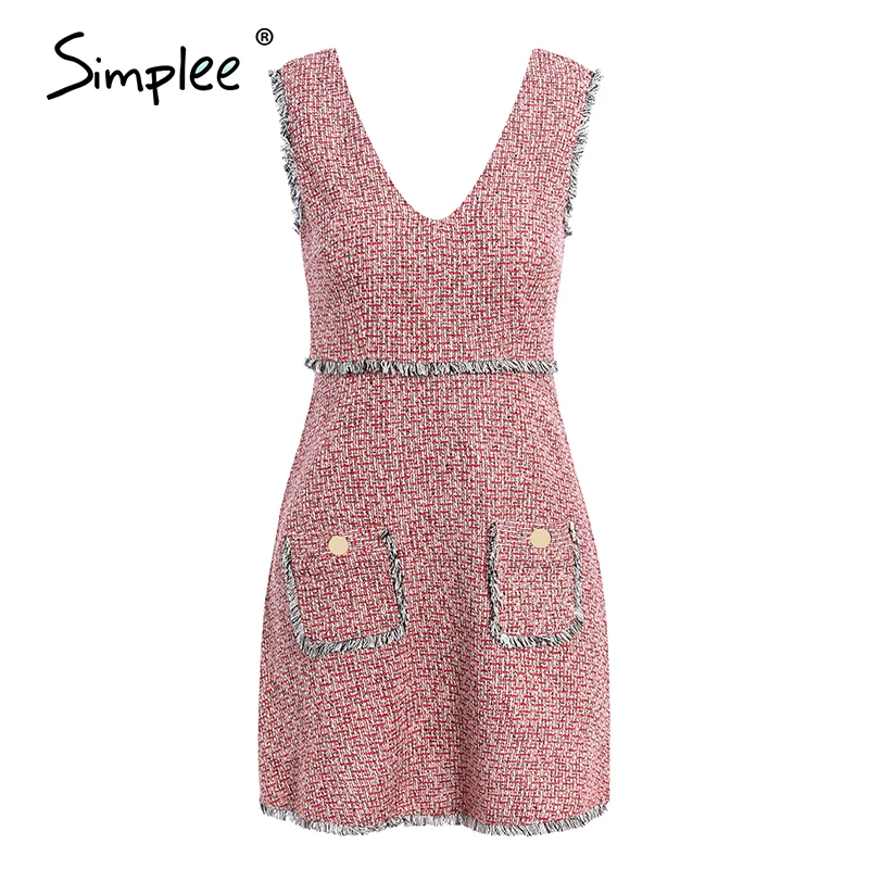 Simplee Vintage tweed autumn women dress Sleeveless v neck tassel pockets office ladies Winter slim female work vestidos | Женская