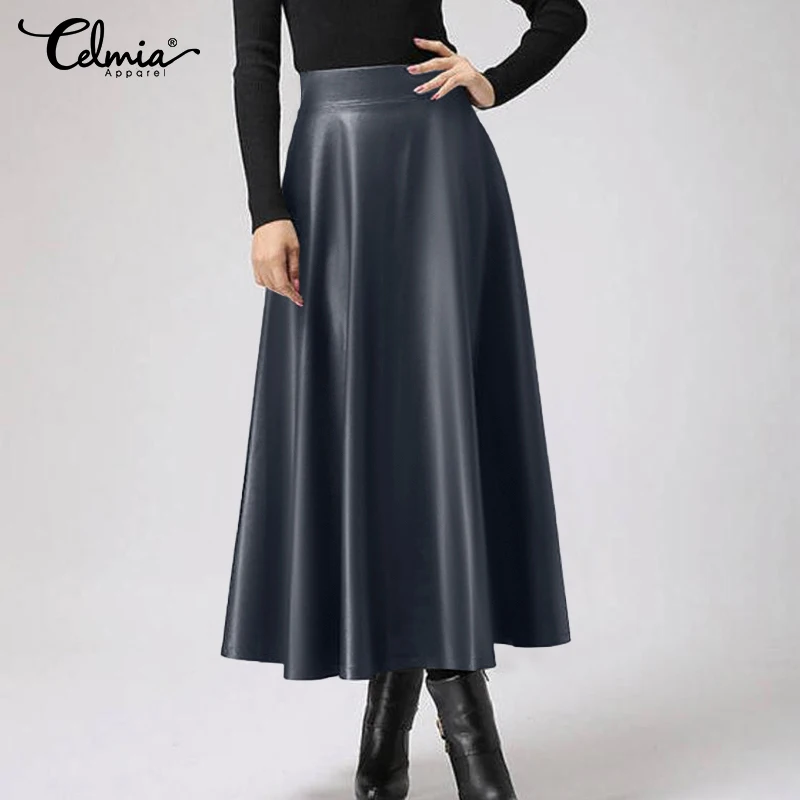 

PU Leather Skirts Celmia Women 2022 Fashion High Waist Midi Skirt Elegant Office Lady A-line Jupes Casual OL Solid Street Faldas