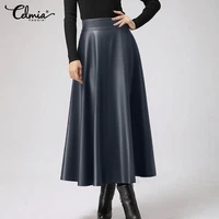 pu leather skirts celmia women 2022 fashion high waist midi skirt elegant office lady a line jupes casual ol solid street faldas