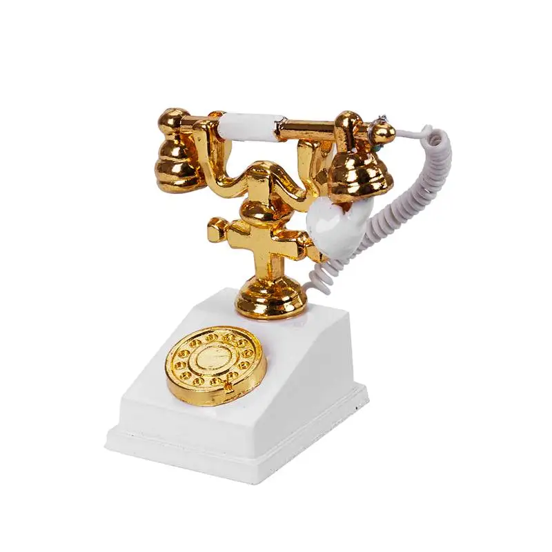 1/12 миниатюрный ретро телефон для кукольного домика винтажный белый и золотой |