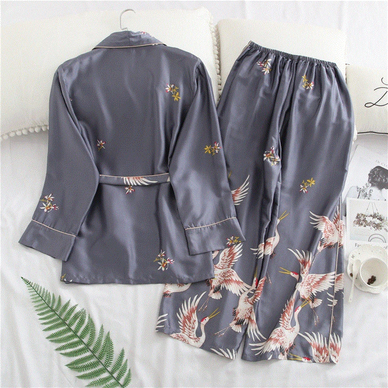 Women Summer Faux Silk Sleepwear Retro Print Pajamas Elegant Pajama Set Shorts Autumn Nice Pijama Homewear Nightgown
