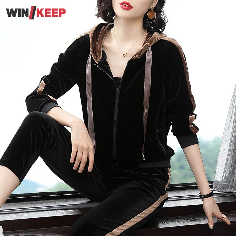 

Autumn Women Velvet Hoody Sports Set Side Striped Zipper Tops Sweatpants Two Piece Running Sets Outdoor Fitness Training Suit