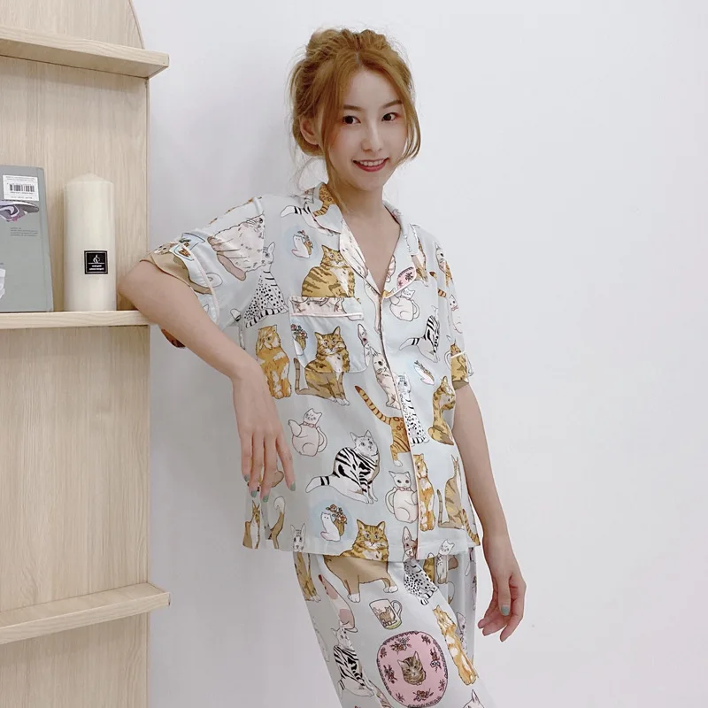 Женские летние пижамы милый кардиган тонкий из двух частей с коротким рукавом