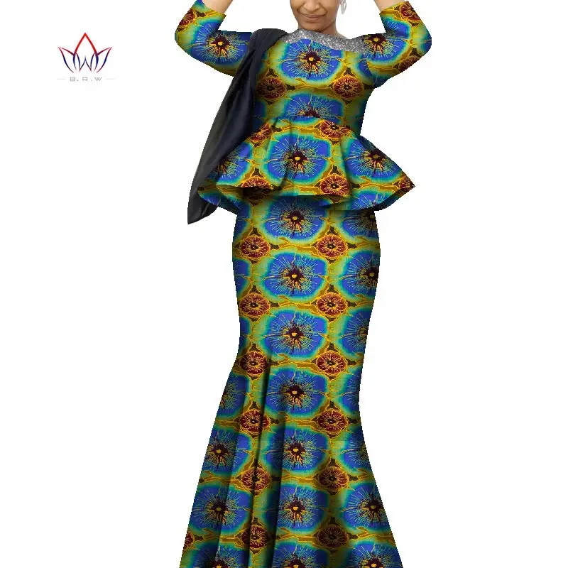 African Traditional Wear for Women Full Sleeve Wholesale 2 PCS Long Skirt Suit Frills Ankara Elegant Outfit For Women WY8515