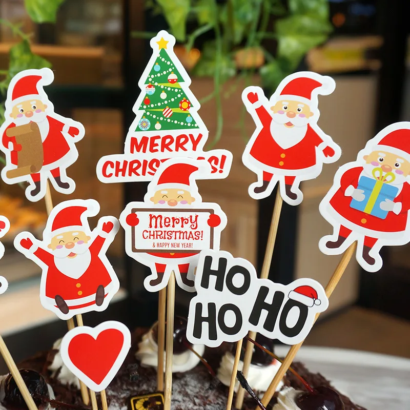 

9pcs Christmas Cake Topper Xmas Tree Santa Claus Cupcake Dessert Cake Topper Flags Decoration for New Year Christmas Party Decor