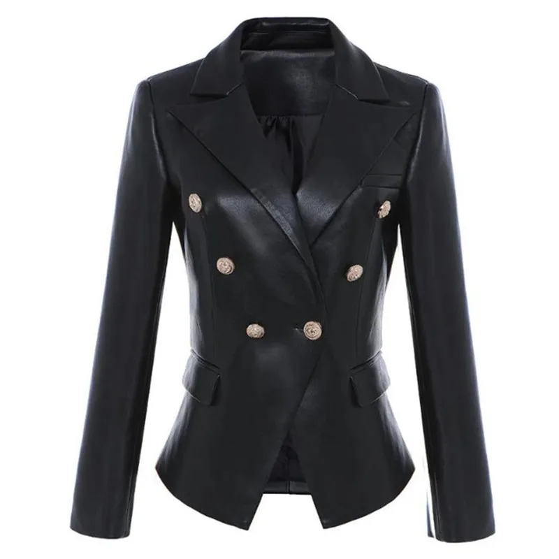 2021 Fall Spring Women Black Blazer Leather Jacket Coat Lion Metal Buttons Streetwear PU Slim Suits Overcoat  Female Outerwear