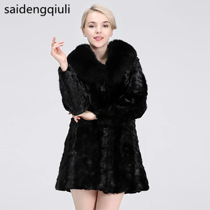 Женская зимняя теплая куртка из натуральной кожи норковая шуба с воротником лисы