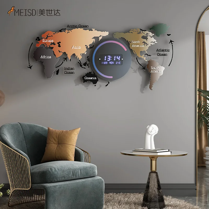 MEISD-Reloj de pared Digital con mapa del mundo electr&oacute;nico, reloj inteligente decorativo grande con calendario, term&oacute;metro, decoraci&oacute;n del hogar, Horloge azul F-2