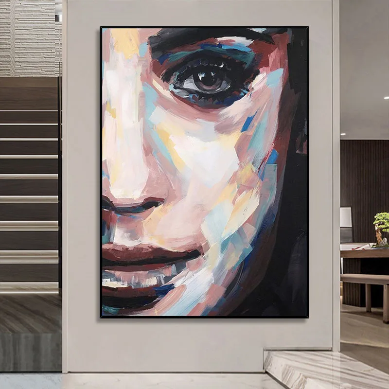 

100% роспись вручную, картина маслом, фигурки женщины, половина лица, абстрактный холст, настенное искусство, украшение для дома, настенные ка...