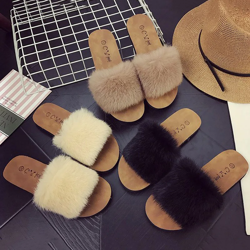 Новинка сезон осень женские меховые шлепанцы сандалии-шлепанцы стильная пляжная