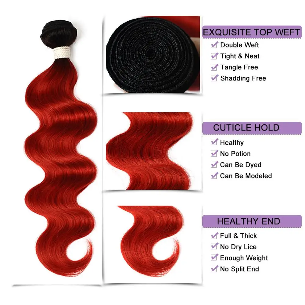 Перуанские человеческие пряди волос с закрытием объемная волна 3 T1B/красный Омбре