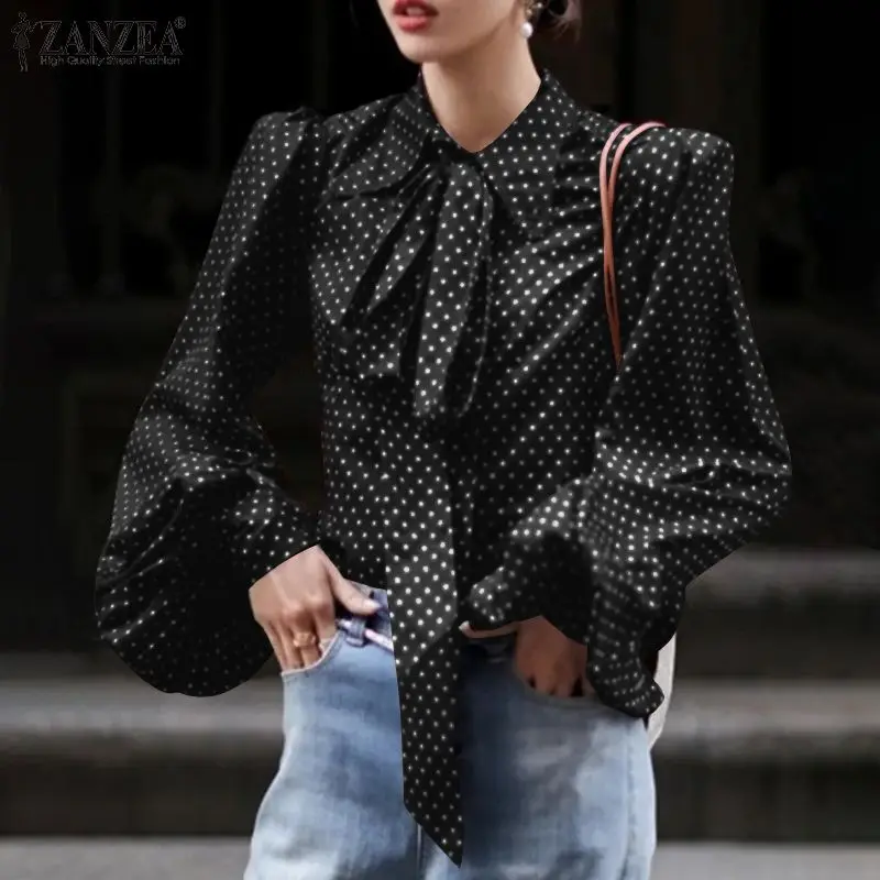 

ZANZEA 2022 Stylish Polka Dot Tops Women Blouses Female Work OL Office Tunic Printed Chemise Oversize Casual Long Sleeve Blusas