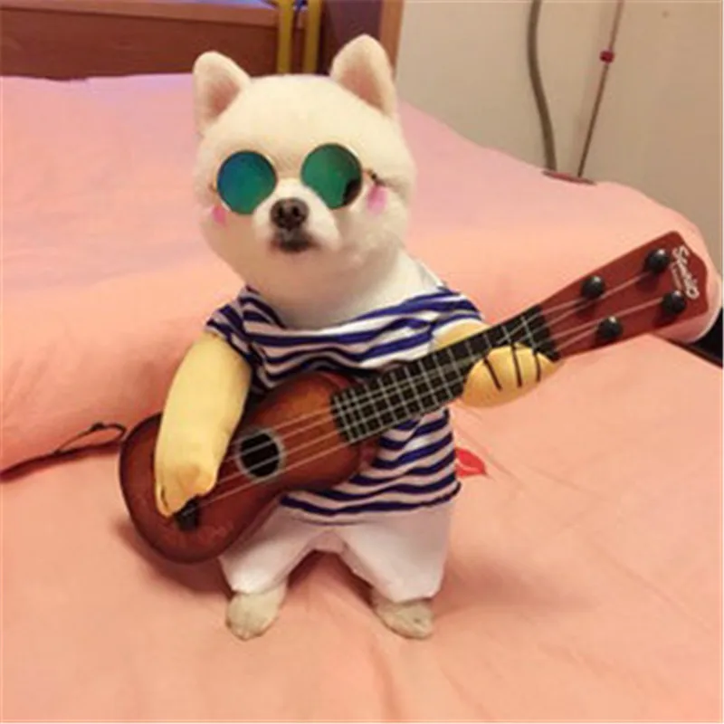 

Funny Pet Guitar Player Dog Costume Guitarist Dressing Up Party Xmas Halloween New Year Clothes For Dog Cats Plus Wig