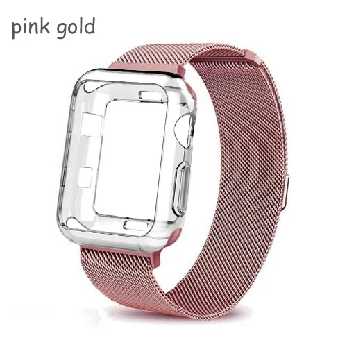 Ремешок+ чехол для apple watch Band Milanese Loop apple watch 4 3 band iwatch band 42 мм 38 мм correa 44 мм/40 мм pulseira ремешок для часов - Цвет ремешка: pink gold