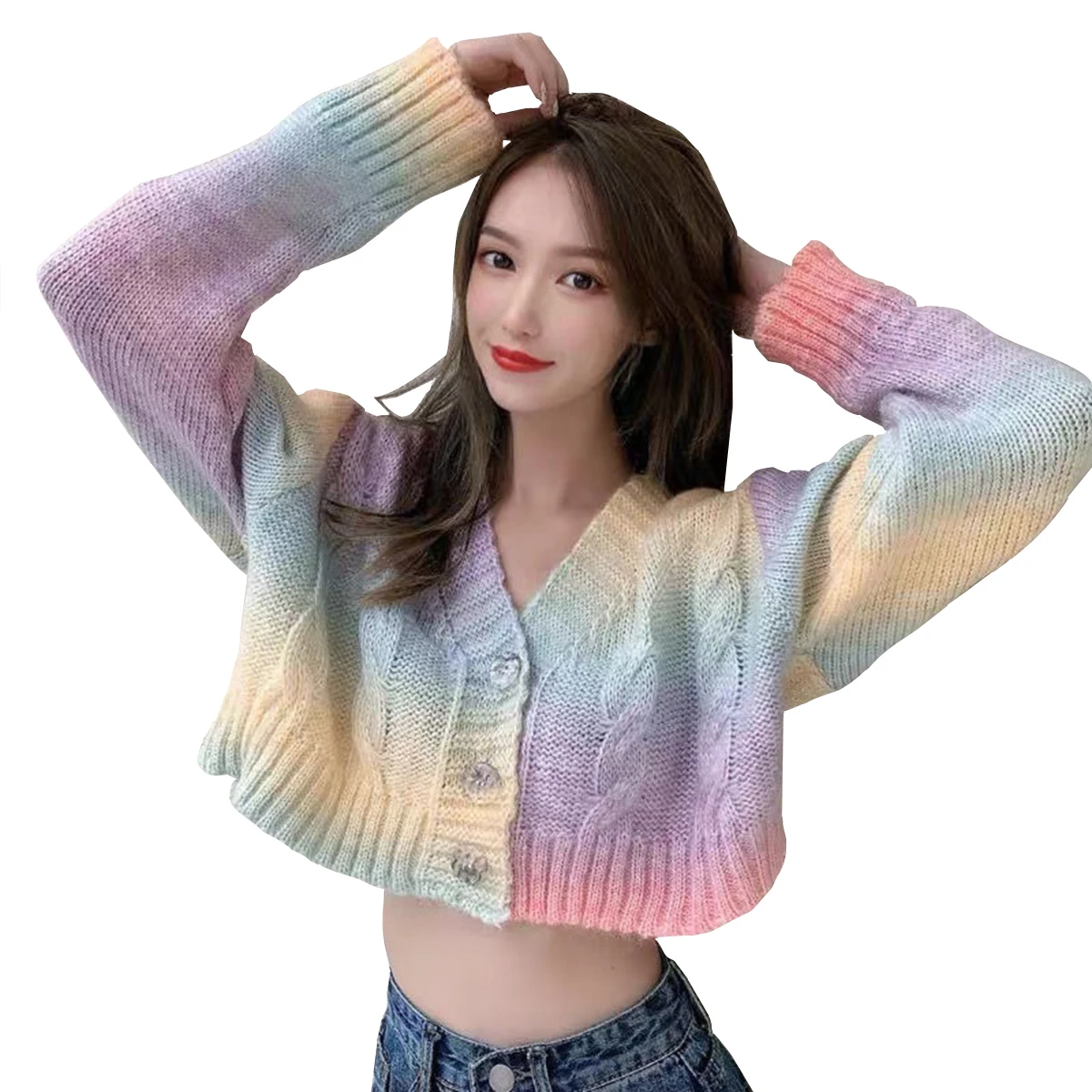 

Women's Sweet Cardigan Long Sleeve Tie Dyed Rainbow Sweater Loose V-Neck Short Navel Top Fashion Commuting 2021 Spring and Autum