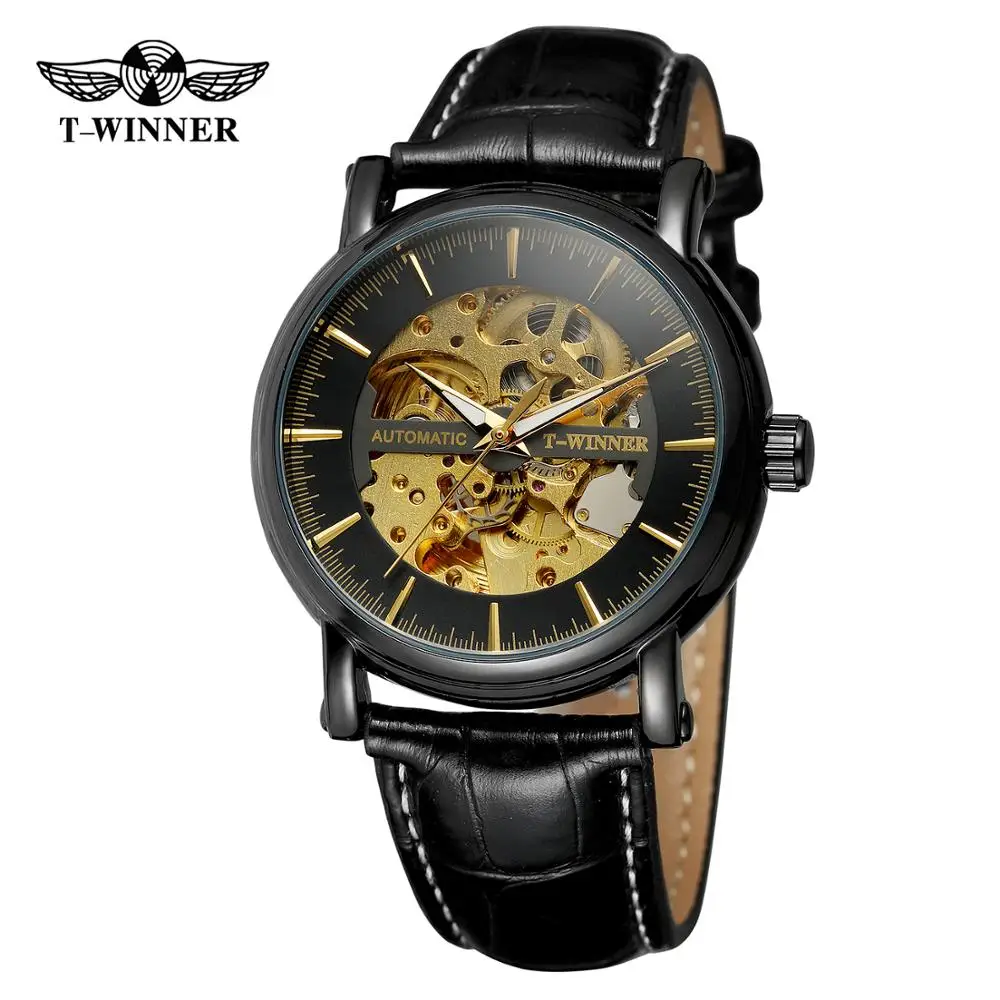 

Женские модные повседневные мужские часы с золотым полым дизайном, классические черные Автоматические механические часы с кожаным ремешко...