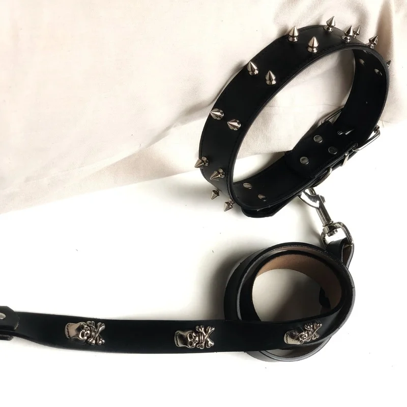 

Rivet dog collar ghost head traction rope original leather pet supplies dog leash dog collar