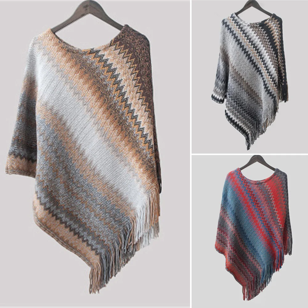 Women's Sweater Tops Round Neck Autumn Winter Wavy Strip Irregular Tassel Elegant Party Loose Shawl Cloak Ladies | Женская одежда