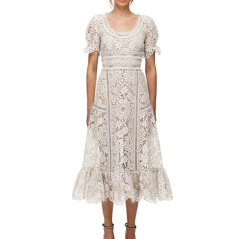 

Runway Dress 2021 Brand Designer Women Hollow Out Puff Sleeve Sexy Floral Lace Long A Line Midi Dress White Birthday Dress