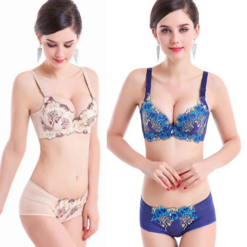 С вышитыми цветами Кружевной комплект нижнего белья пуш ап в комплекте трусики