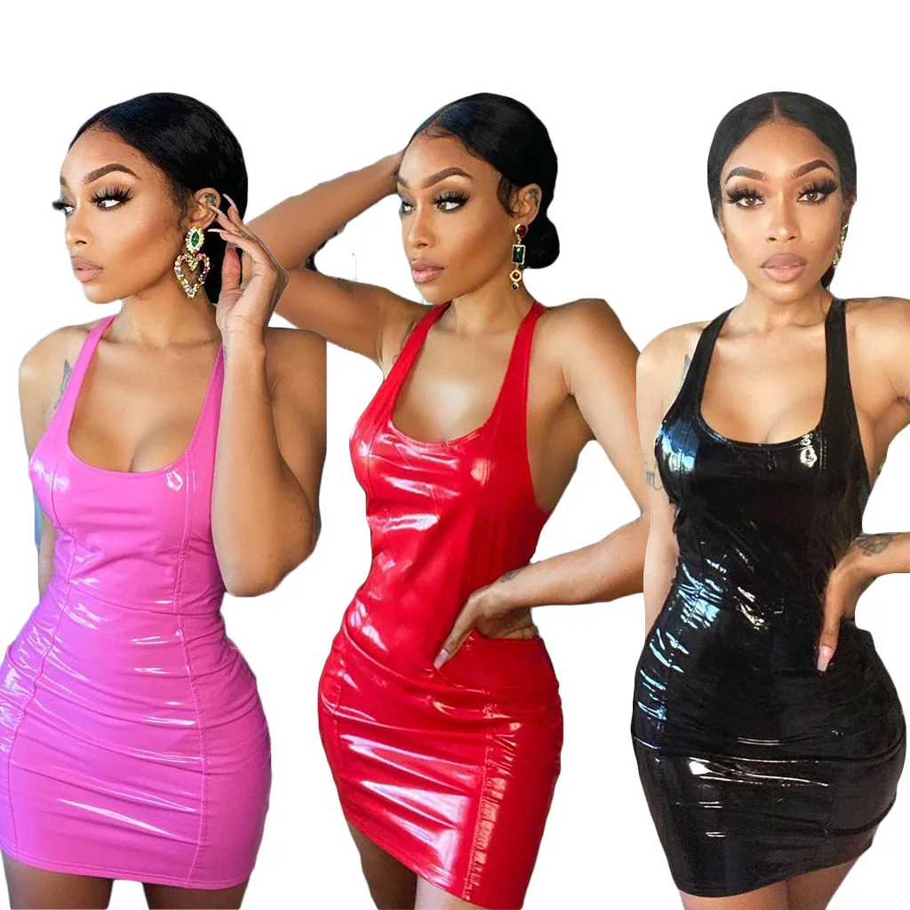 

Bright PU Leather Summer Bandage Mini Dress Women Fashion Low Neck Sleeveless Party Clubwear Dress Sexy Female Birthday Dresses