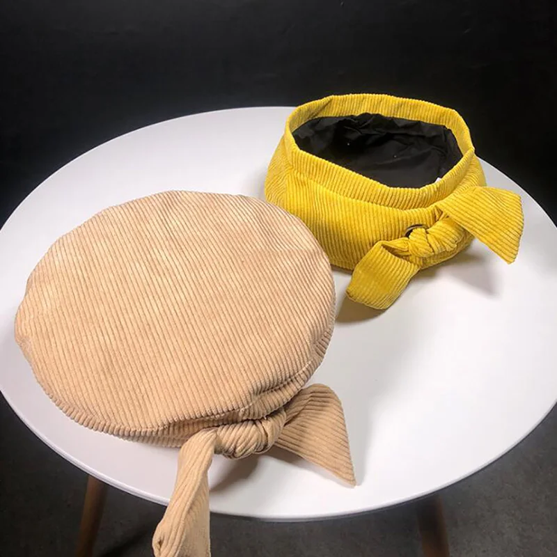 Женский осенне-зимний однотонный вельветовый берет в стиле ретро с бантом |