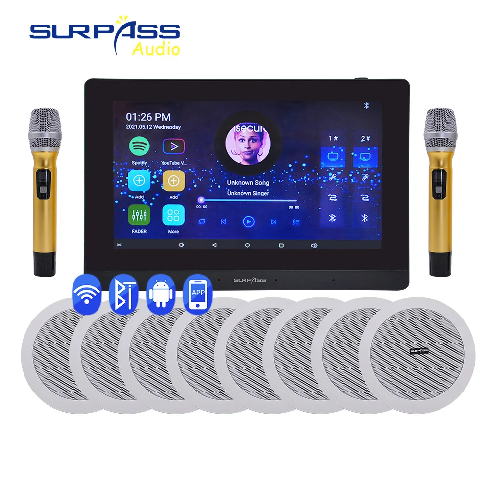

Powered WIFI Audio Bluetooth Stereo Wall Amplifier Background Music Karaoke Wireless Microphone Home Theater KTV AUX IN FM Radio