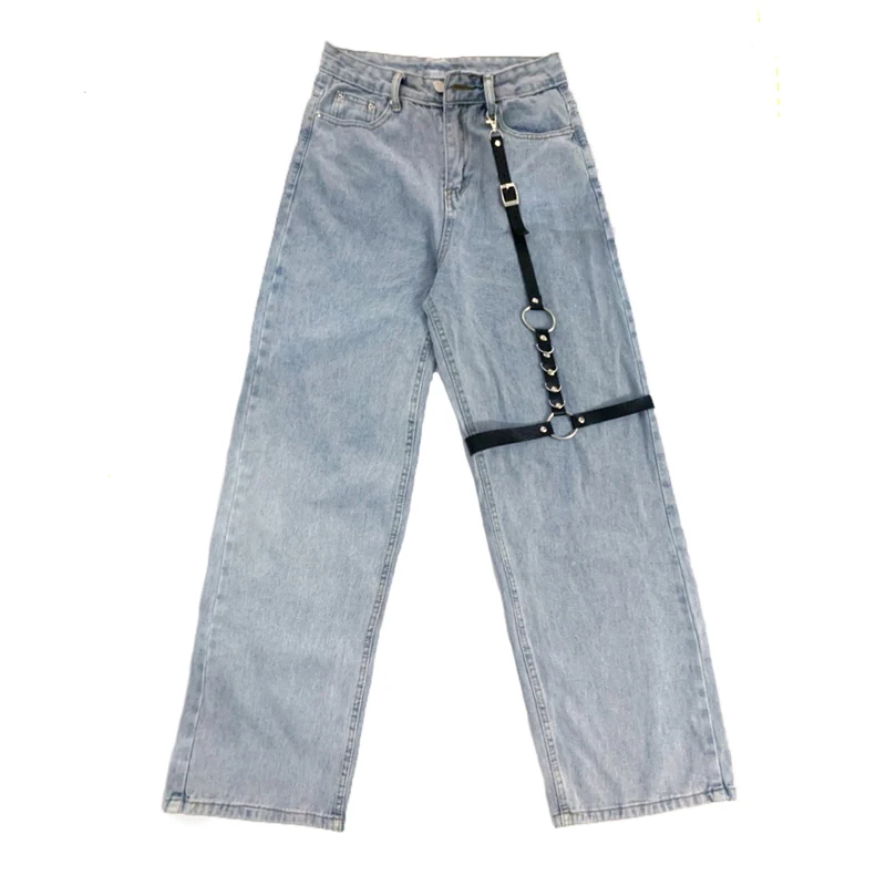 

High waisted women's jeans baggy 2021 streetwear light straight color harajuku pants fashion denim (black leather buckle)