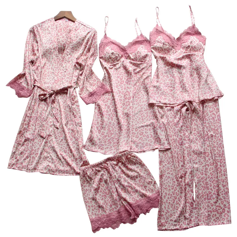 

Sleepwear Female 5PCS Pajamas Set Rayon Leapord Casual Kimono Bathrobe Gown Satin Nightgown Sexy Nightwear Intimate Lingerie