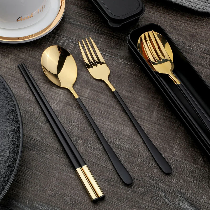

Rose Gold Camping Fork Spoon Knife Set Portable Tableware Travel Cutlery Set Gold Dinnerware Sets Conjunto De Talheres BK50DS