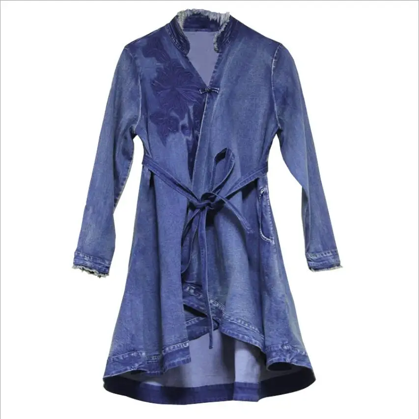 

High Quality Women's 2020 Spring New Irregular Denim Dress Vintage Embroidered Disc Button Long Sleeve Vestidos