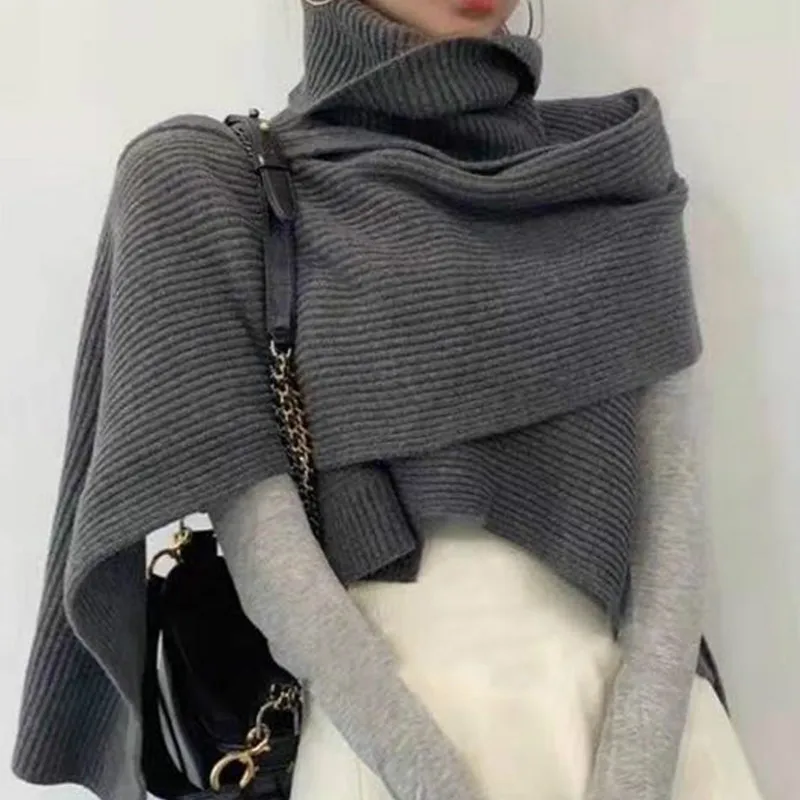 

Long Sleeve Spring New Autumn Chic Jumper Knitted Loose Fashion Pullover Femme Turtleneck Irregular Scarf Cape Fashion 2021