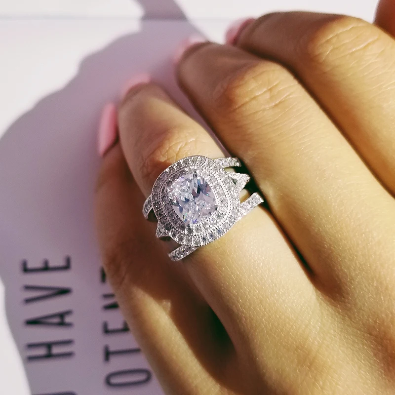 Твердые 925 стерлингового серебра 3 шт. в 1 Подушка Циркон Обручальное кольцо для